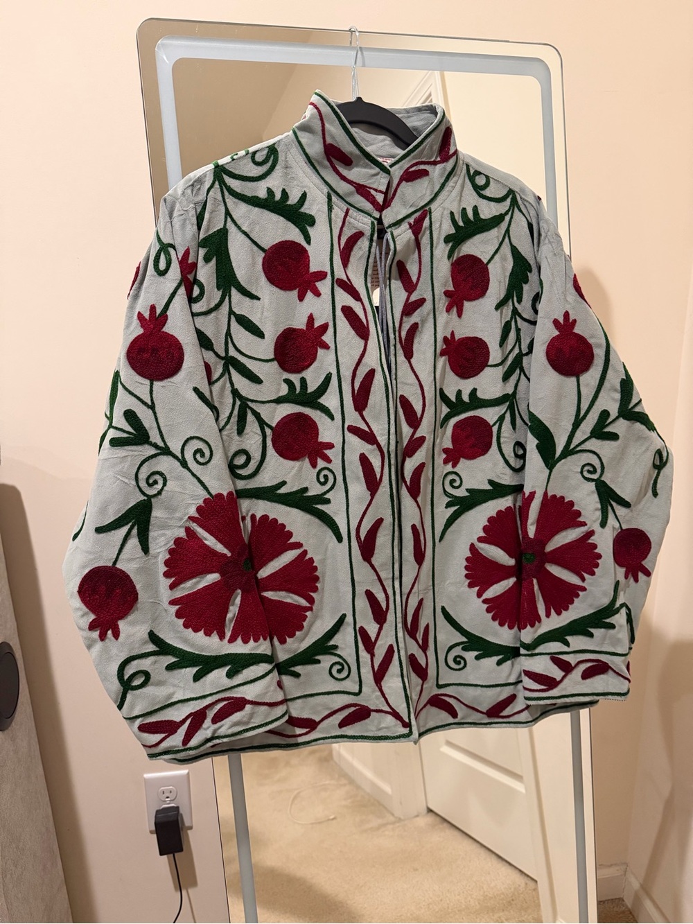 Embroidered Floral Bomber Jacket - Cream with Red & Green